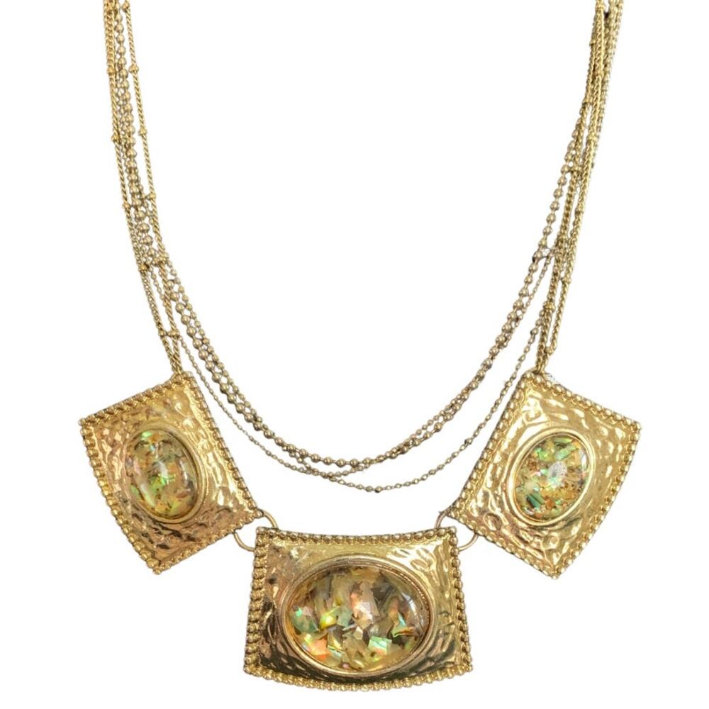 Gold Tone Multi Strand Necklace Abalone Confetti Shell Panel Statement